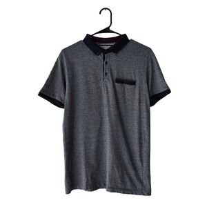 DENIM & FLOWER Men's Heathered Gray Polo Shirt Navy Trim Size M